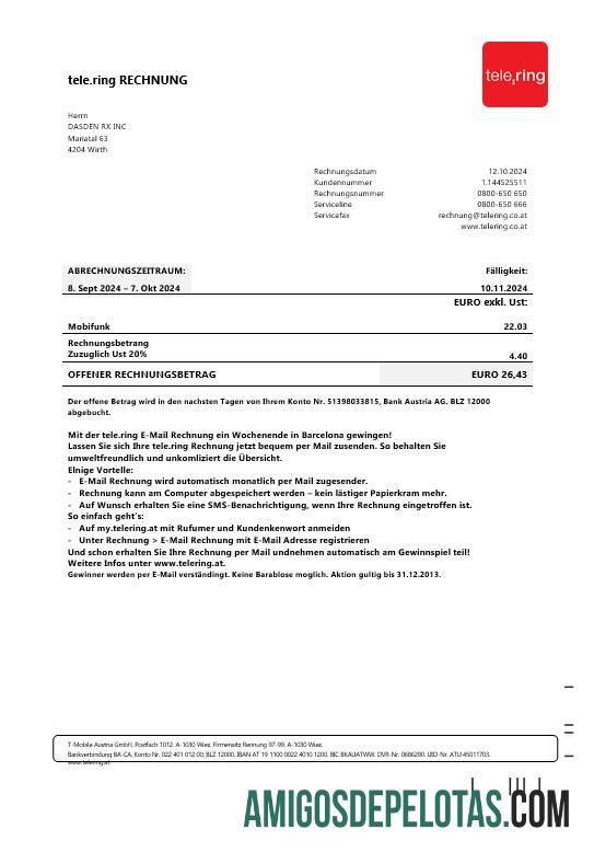 Em branco modelo de conta de serviços públicos da Suécia Tele Ring em formatos Word e PDF